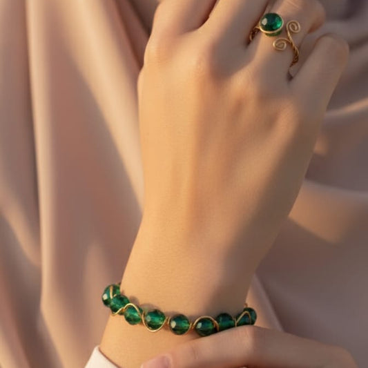 طقم اسورة وخاتم كريستال أخضر